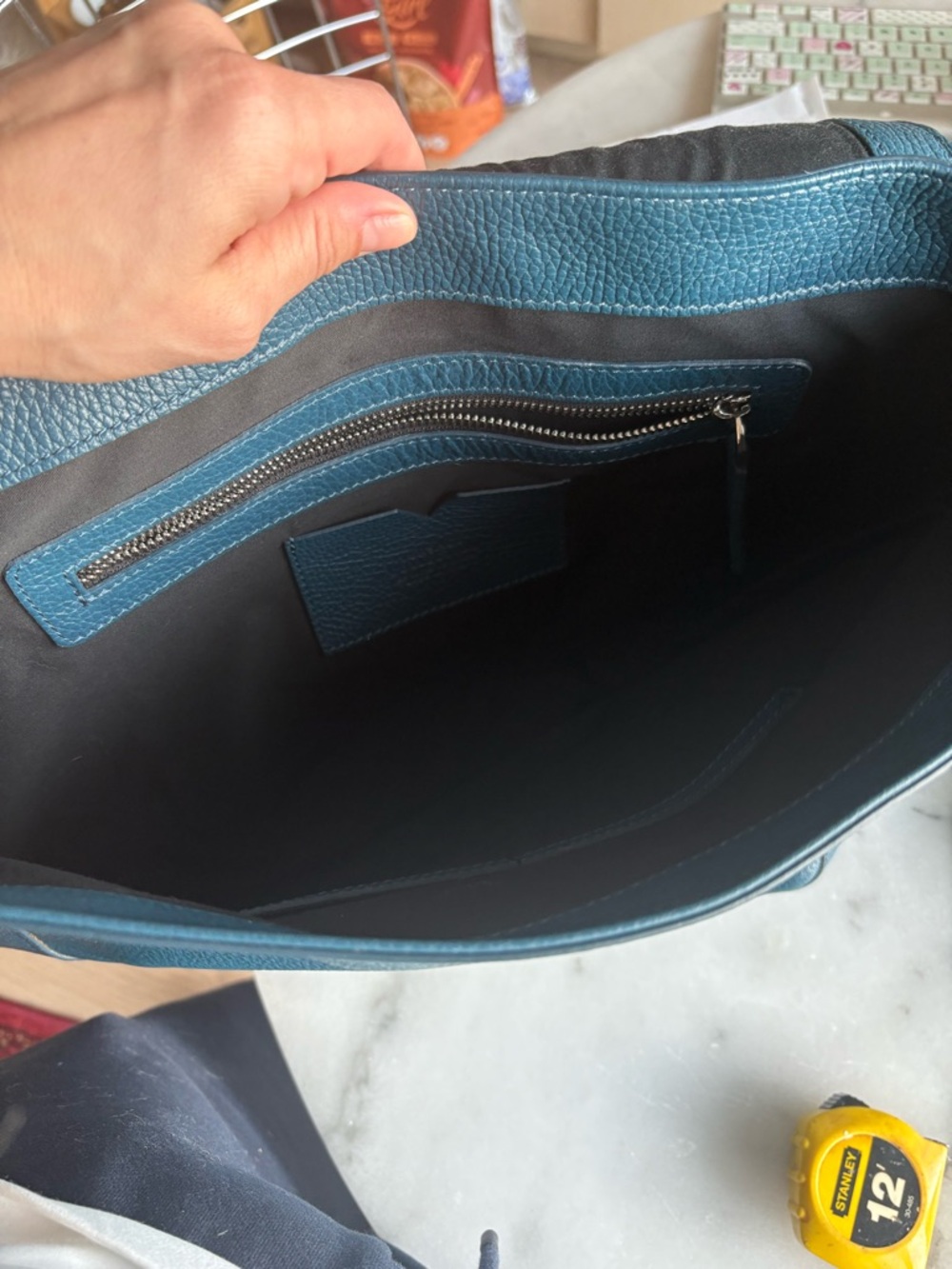 Versace Teal Pebbled Leather Handbag Accent - Picture 7 of 9